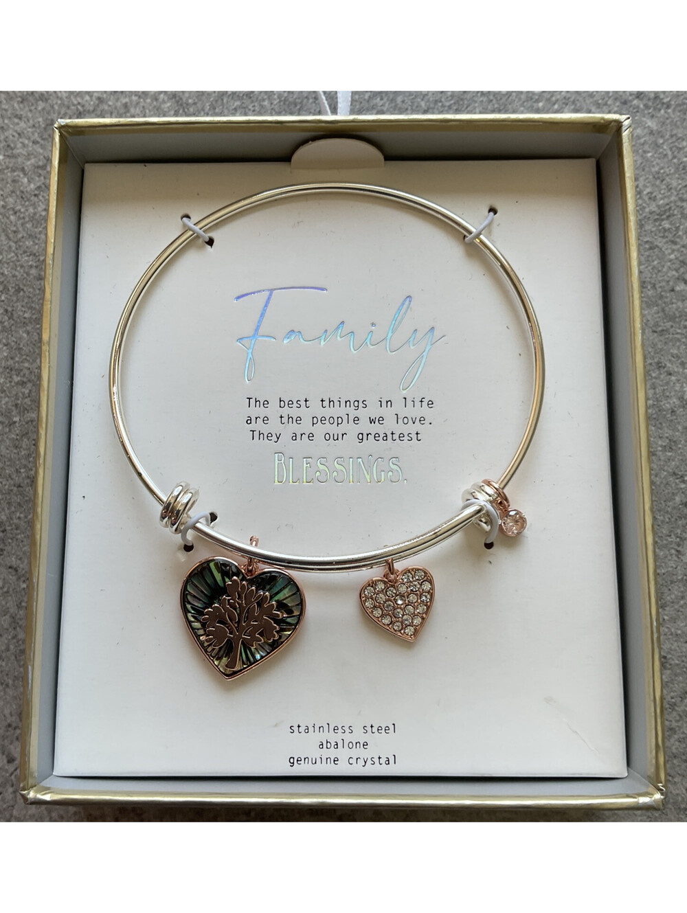 New In Box “Family” Bracelet Stainless Steel Cubic zirconia, Abalone Tree Charms